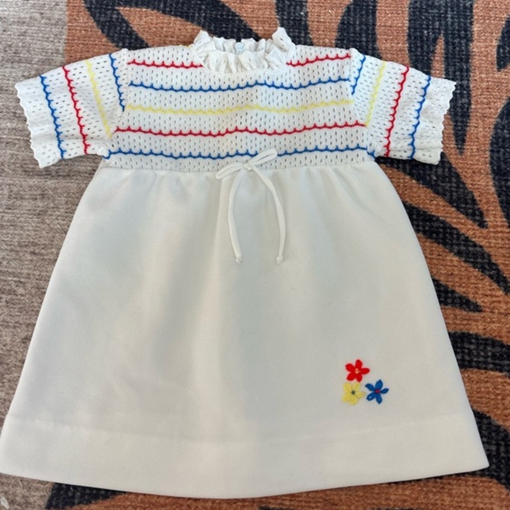 Vintage White Girls Dress with Red, Blue and Yellow Stripes